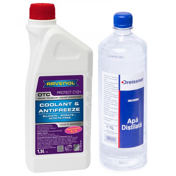 Pachet 2.5 litri antigel concentrat Ravenol OTC rosu si apa distilata