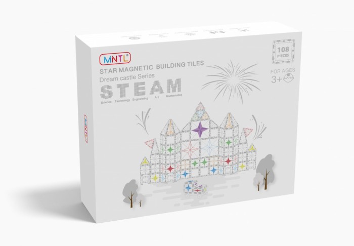 Set de constructie magnetic, 108 piese, Magnetic Tiles, multicolore de forme geometrice diferite, 2D, 3D
