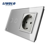 Cumpara ieftin Intrerupator dublu touch cu priza simpla Livolo, rama din sticla gri
