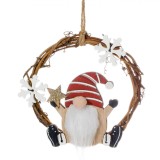 Ornament Brad Crăciun, Coronita Gnome, Lemn, Maro, 8 cm, Fulgi Zăpadă, Glitter Bej șampanie, Oem