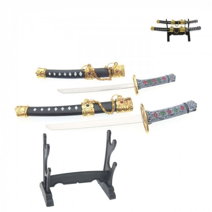 Set 2 Mini Katana Sabie Samurai Stativ de Decor Lama 11.8cm Tole10 32139