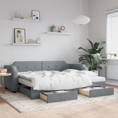 vidaXL Pat de zi cu extensie și sertare, gri deschis 100x200 cm textil 3197693 foto