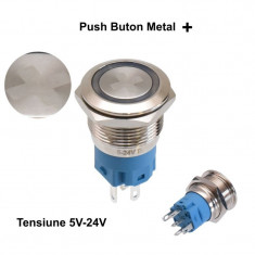 Push Buton 5-24V 19mm (+) Led Albastru
