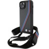 Husa pentru iPhone 15 Plus - BMW Leather M Edition Carbon Tricolor Lines &amp; Strap (BMHCP15M23PSVTK) - Black