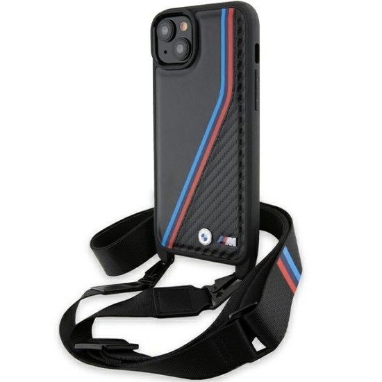 Husa pentru iPhone 15 Plus - BMW Leather M Edition Carbon Tricolor Lines &amp; Strap (BMHCP15M23PSVTK) - Black