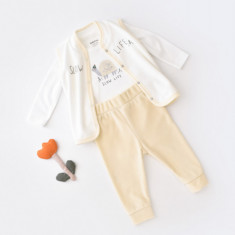 Set 3 piese Broscuta cu body, pantalonasi si vestuta din 80%bumbac organic si 20% poliester - Crem, BabyCosy (Marime: 12-18 Luni)