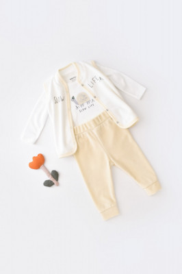 Set 3 piese Broscuta cu body, pantalonasi si vestuta din 80%bumbac organic si 20% poliester - Crem, BabyCosy (Marime: 18-24 Luni) foto