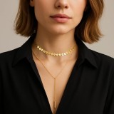 Choker colier dublu cu salba de banuti si lantisor lung cu pandantiv tip ac, auriu