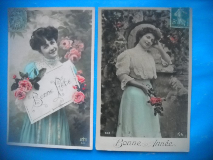 HOPCT 1720 FEMEI..FEMEI-TCV-ROMANTICA-FRANTA-LOT 2 CARTI POSTALE VECHI-CIRCULATE