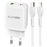 Incarcator Retea cu Cablu Lightning BLUE Power BLN5, 20W, 3A, 1 x USB-A - 1 x USB-C, Alb