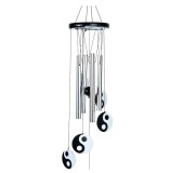 Clopot de vant din lemn cu tuburi din metal ARGINTII si semnul Ying Yang, Model
