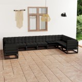 vidaXL Set mobilier grădină cu perne, 10 piese, negru, lemn masiv pin 3077323