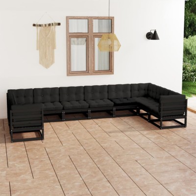 vidaXL Set mobilier grădină cu perne, 10 piese, negru, lemn masiv pin 3077323 foto
