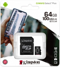 Card microSD Kingston 64GB Clasa 10 cu adaptor SD foto