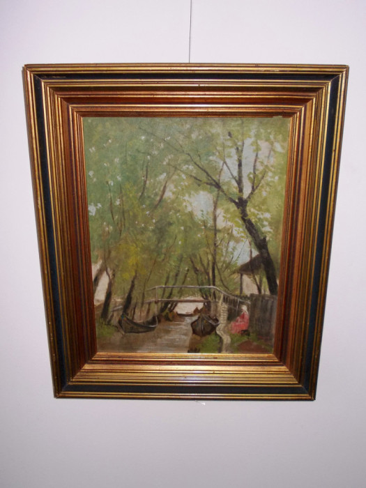 Nicolae Petrescu Mogos (1872-1934) &quot;Viata in Delta&quot;, ulei/lemn, tablou autentic