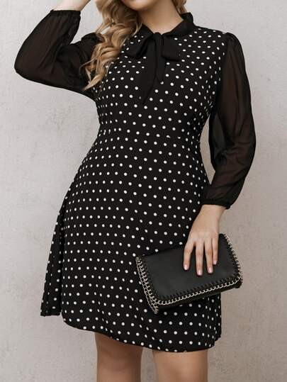 Rochie mini cu imprimeu buline si maneca lunga, negru, dama, Shein