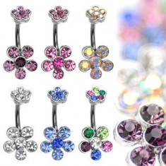 Piercing pentru buric realizat din oțel cu flori din zirconii colorate - Culoare zirconiu piercing: Transparent - C