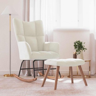vidaXL Scaun balansoar cu taburet, alb crem, catifea 328159 foto