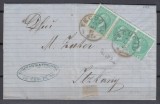 ROMANIA 1879/1880 LP 40 c REGELE CAROL I EMISIUNEA BUCURESTI II STRAIF 3 TIMBRE 5 BANI VERDE/PLIC STAMPILA TECUCI 1880, Stampilat