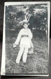 Fotografie tip carte postala, Romania, baiat cu furca, perioada interbelica