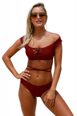 SW1224-2113 Costum de baie burgundy, in doua piese foto