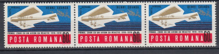 ROMANIA 1970 LP 750 AVIONUL CU REACTIE HENRI COANDA STRAIF DE 3 TIMBRE MNH