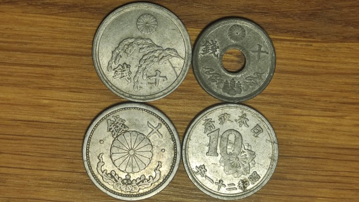 Japonia - set de colectie WW2 aluminiu - 4 x 10 sen diferite 1940-1946 - epoca Shōwa
