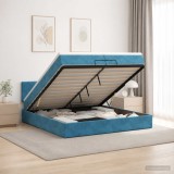 Cumpara ieftin Pat ottoman cu saltea Albastru inchis 200 x 200 cm Catifea