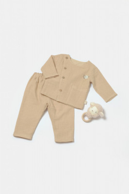 Set bluza cu nasturi si pantaloni , Winter muselin, 100% bumbac - Apricot, BabyCosy (Marime: 18-24 Luni) foto