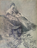 Cumpara ieftin Muntele Matterhorn, de T. H. Karlsson (1952) - grafică &icirc;n cărbune, Peisaje, Carbune, Impresionism