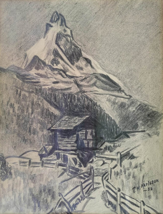 Peisaj montan de T. H. Karlsson (1952) - grafică &icirc;n cărbune