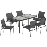 Outsunny Set de Pr&acirc;nz pentru Exterior, 7 Piese pentru 6 Persoane, Masă cu Efect de Lemn și Scaune cu Șezut Respirabil, Set Mobilier de Grădină cu Cadr