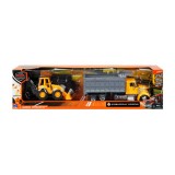 Set camion cu platforma si vehicul de constructie, New Ray, 1:43, Galben