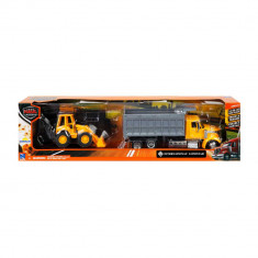 Set camion cu platforma si vehicul de constructie, New Ray, 1:43, Galben