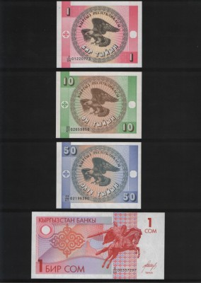 Set Kyrgystan 1+10+50 tyiyn +1 som 1993 unc foto
