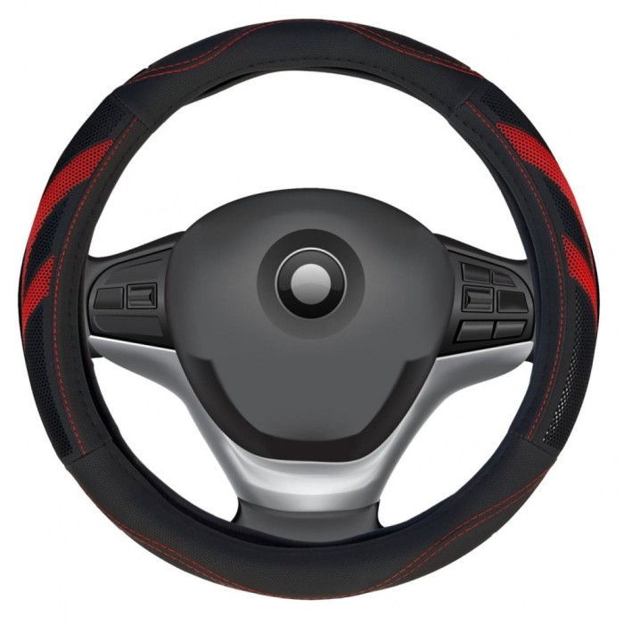 Husa volan din piele ecologica Siegbert, microperforatii, neagra cu ornamente rosii Automobile ProTravel