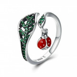 Inel reglabil din argint 925 ladybug and green leaf