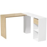HOMCOM Birou Colțar &icirc;n L de 120x110 cm cu Sertar și 2 Rafturi pentru Birou Acasă Studiu Alb și Natural | Aosom Romania