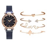 Cumpara ieftin Set Ceas Dama Geneva Sky Albastru cu 4 Bratari, Prindere Magnetica, Cadran Negru, Curea Albastra