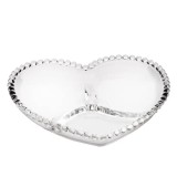 Bol din sticla Pufo Heart cu 3 compartimente pentru alune, fistic, bomboane, gustari- elegant si practic pentru servire, 16 cm