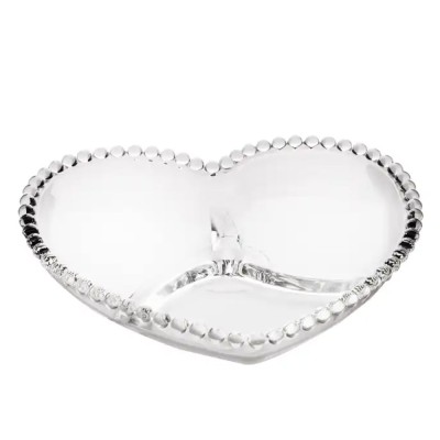 Bol din sticla Pufo Heart cu 3 compartimente pentru alune, fistic, bomboane, gustari- elegant si practic pentru servire, 16 cm foto