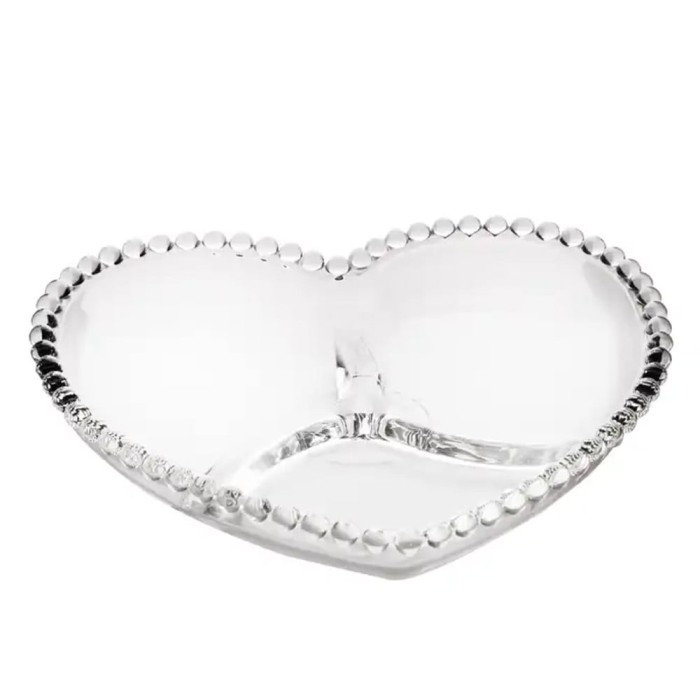 Bol din sticla Pufo Heart cu 3 compartimente pentru alune, fistic, bomboane, gustari- elegant si practic pentru servire, 16 cm