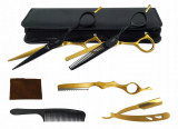 Set profesional de foarfece de tuns și forfece de filat Black Gold + Accesorii