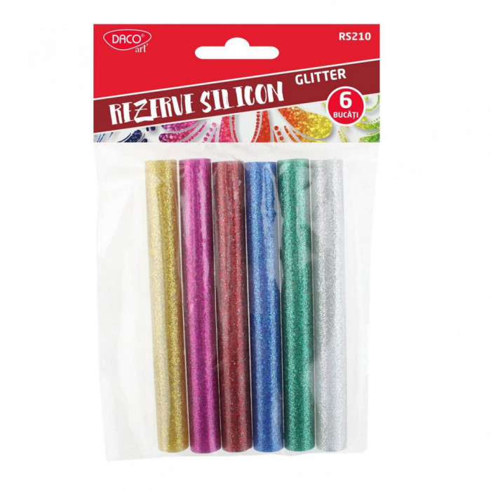 Rezerva Silicon cu Sclipici pentru Pistol de Lipit DACO, 10 mm, 6 Buc/Set, 6 Culori, Rezerve Silicon, Batoane Silicon, Silicon pentru Pistol de Lipit,