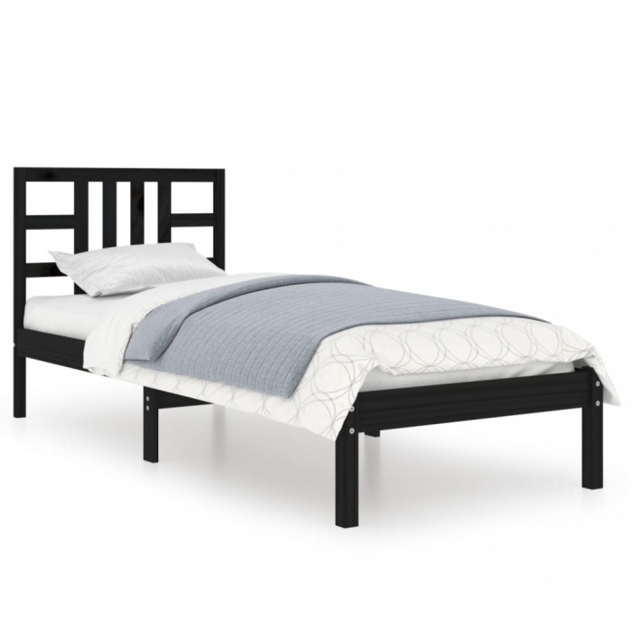Cadru de pat mic single, negru, 75x190 cm, lemn masiv