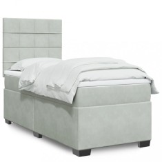 vidaXL Pat box spring cu saltea, gri deschis, 90x190 cm, catifea 3290786