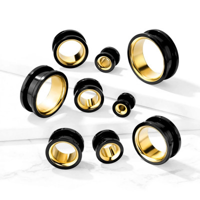 Tunel pentru ureche din oțel chirurgical 316L - culoare negru - auriu, PVD - Diametru piercing: 22 mm foto