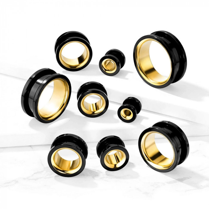 Tunel pentru ureche din oțel chirurgical 316L - culoare negru - auriu, PVD - Diametru piercing: 22 mm