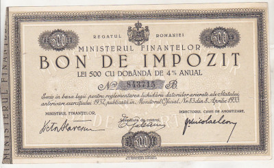 bnk div Bon de impozit - Ministerul Finantelor 1932 - 500 lei foto