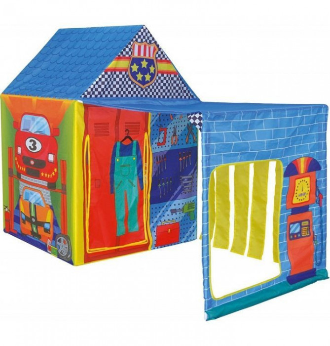 Cort de joaca pliabil tip atelier auto pentru copii, cu 2 intrari si fereastra, 150x75x110 cm